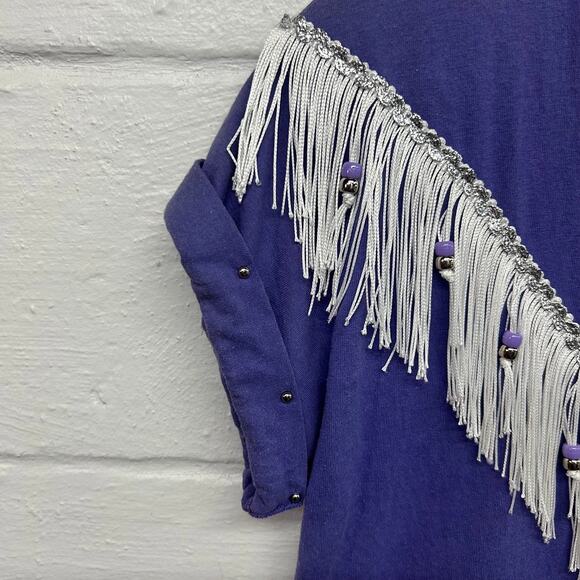Vintage 80s Cowgirl Glam‎ Fringe Tee Purple Studded Western Rodeo Top M Boho - Picture 3 of 7